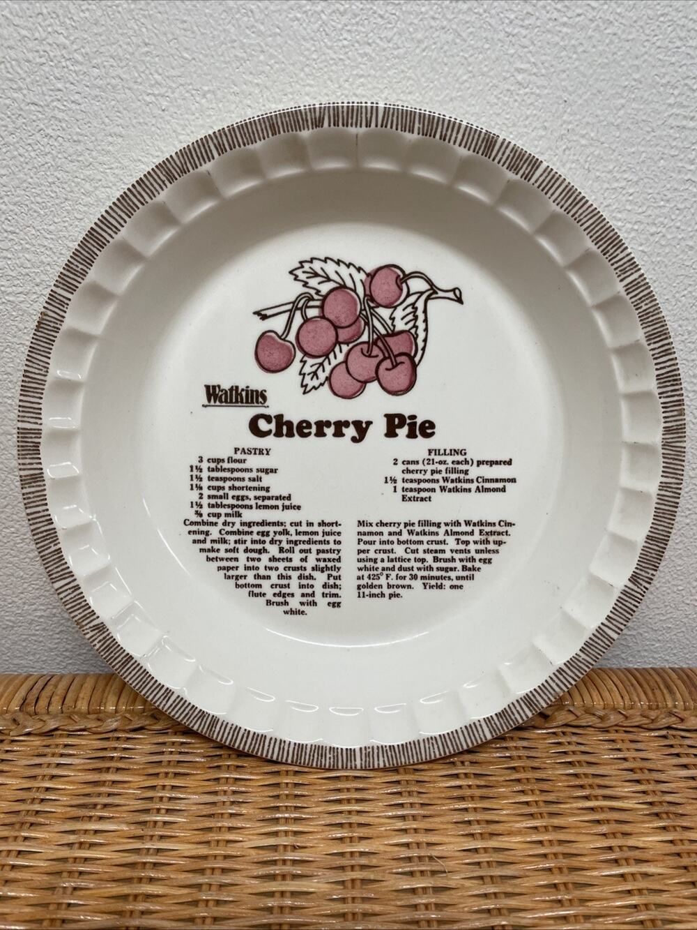 Vintage Watkins Cherry Pie Recipe Ceramic Plate Farmhouse Country